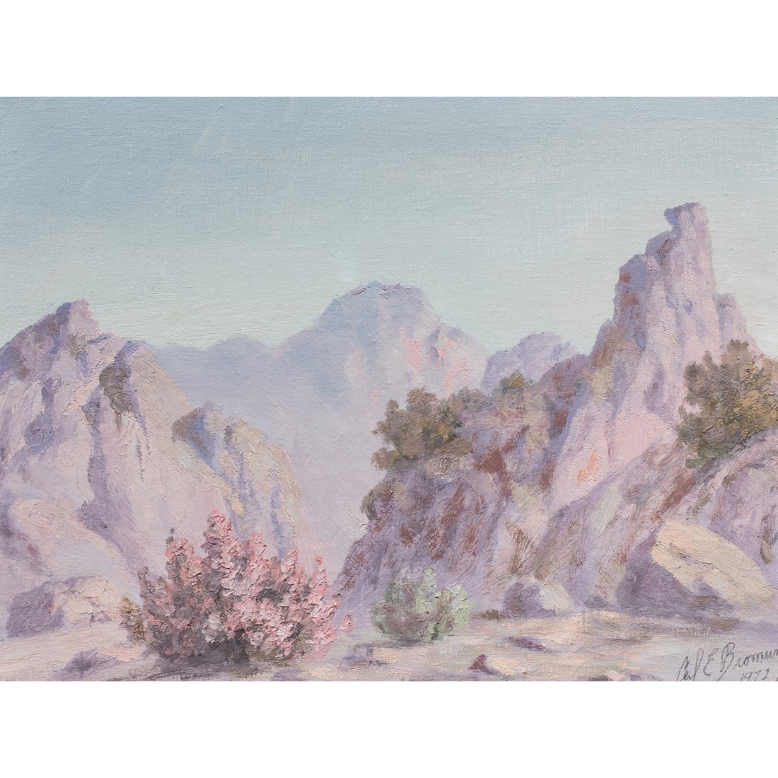 Painting, Cal Bromund: Cal Bromund (American, 1903-1979), Nevada Landscape, 1972, oil on canvas, signed and dated lower right, canvas: 12"h x 16"w, overall (with frame): 20"h x 21.25"w