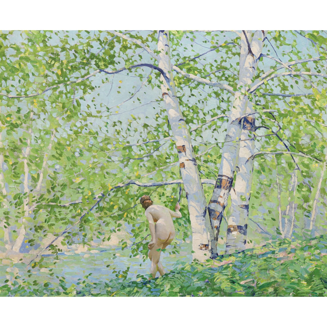 Painting, Allen Dean Cochran: Allen Dean Cochran (American, 1888-1971), "The Spirit of the Birches," oil on canvas, signed lower right, titled and signed verso, canvas: 25"h x 30"w, overall (with frame): 30.75"h x 35.75"w