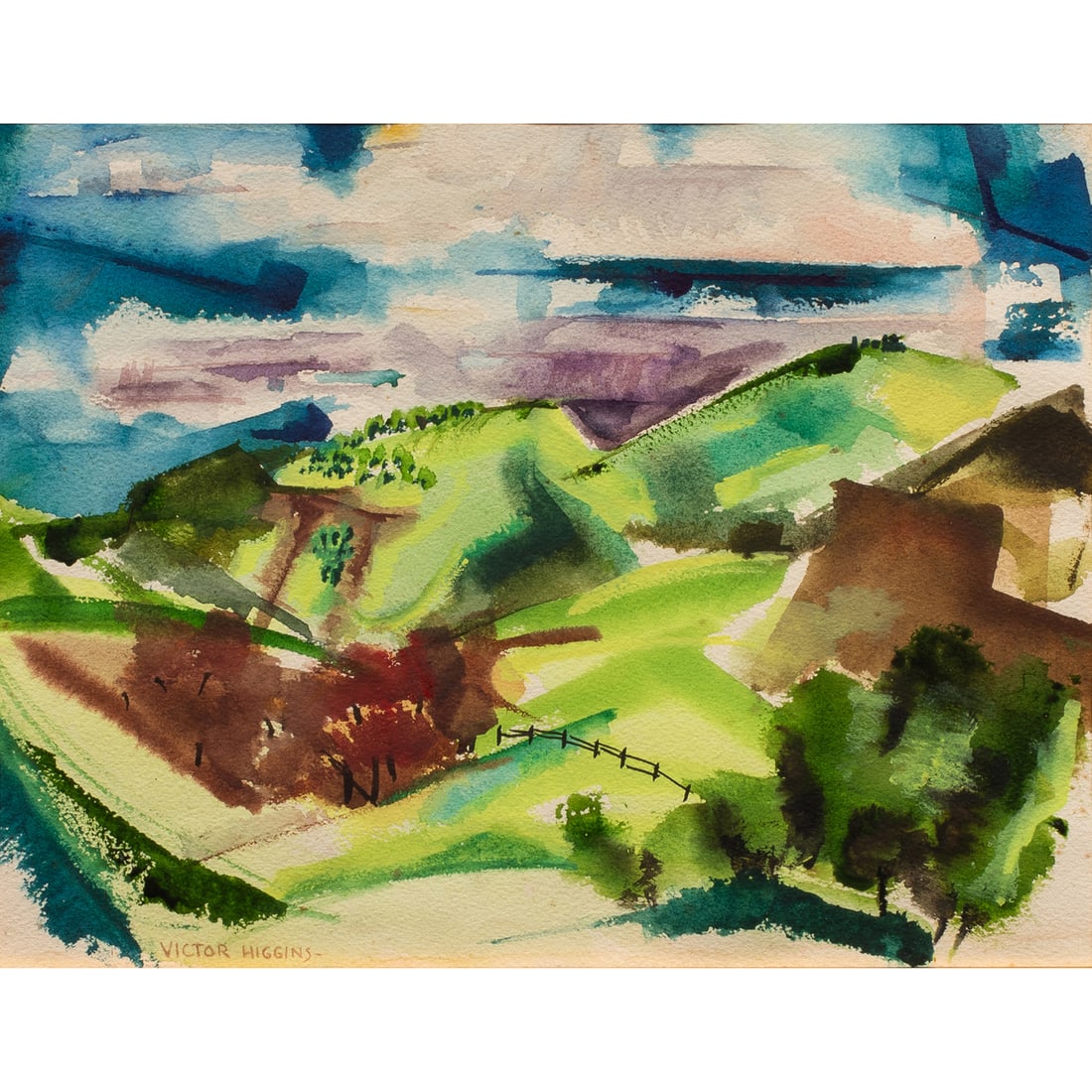 Watercolor, Victor Higgins: Victor Higgins (American, 1884-1949), Untitled (Near Taos), watercolor, signed lower left, sight: 10.5"h x 13.5"w, overall (with frame): 20.5"h x 24.5"w