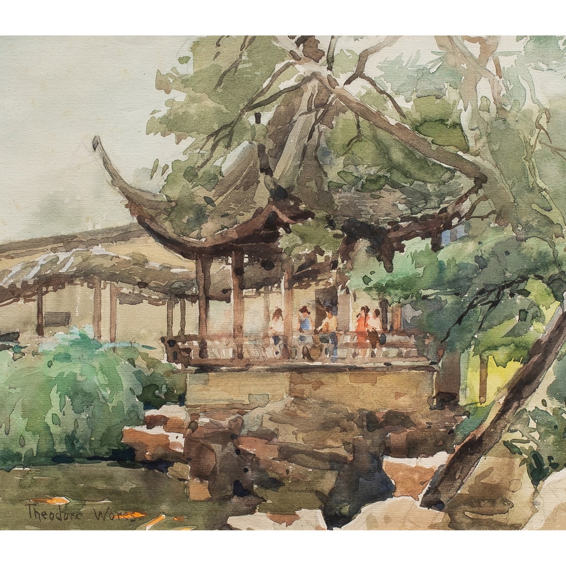 Watercolor, Theodore Wores: Theodore Wores (American, 1859-1939), Untitled (Japanese Temple), watercolor, signed lower left, sight: 11"h x 13.25"w, overall (with frame): 21.25"h x 23"w