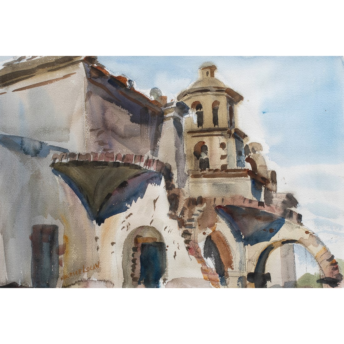 Watercolor, Maurice Logan: Maurice Logan (American, 1886-1977), Mission, watercolor, signed lower left, sight: 13"h x 19.5"w, overall (with frame): 21.5"h x 27.75"w
