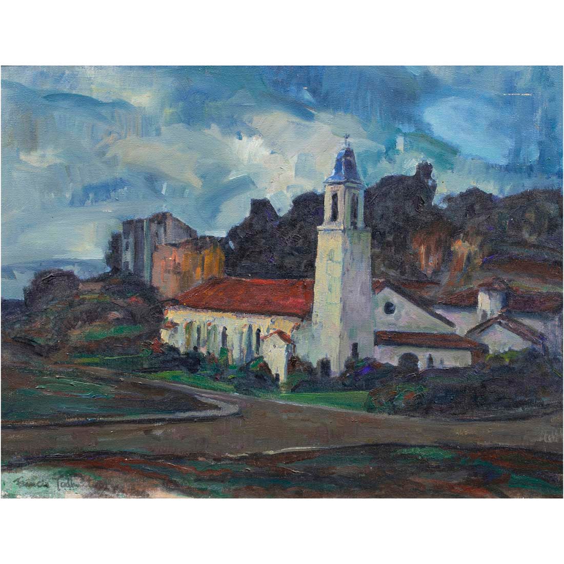 Painting, Francis Todhunter: Francis Todhunter (American, 1884-1963), California Mission, oil on canvas, signed lower left, canvas: 20"h x 26"w, overall (with frame): 26.25"h x 32.35"w
