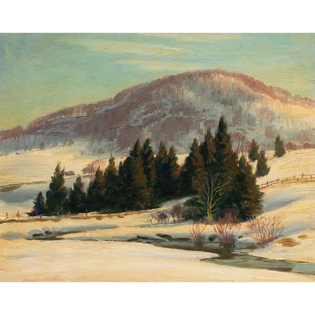 Painting, Charles Hilder: Charles Hilder (American/German, 1855-1927), Landscape, oil on canvas affixed to board, signed lower left, sight: 11.5"h x 14.25"w, overall (with frame): 18"h x 21"w