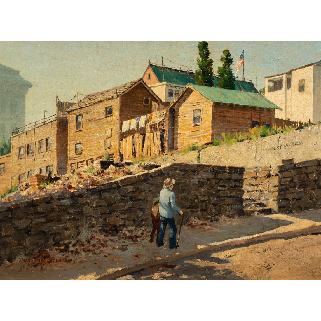 Painting, Duncan Alanson Spencer: Duncan Alanson Spencer (American, 1911-1999), "Hill Street, Los Angeles," 1985, oil on canvas, signed and dated lower left, canvas: 18"h x 24"w, overall (with frame): 24.5"h x 30.75"w. A label affixed