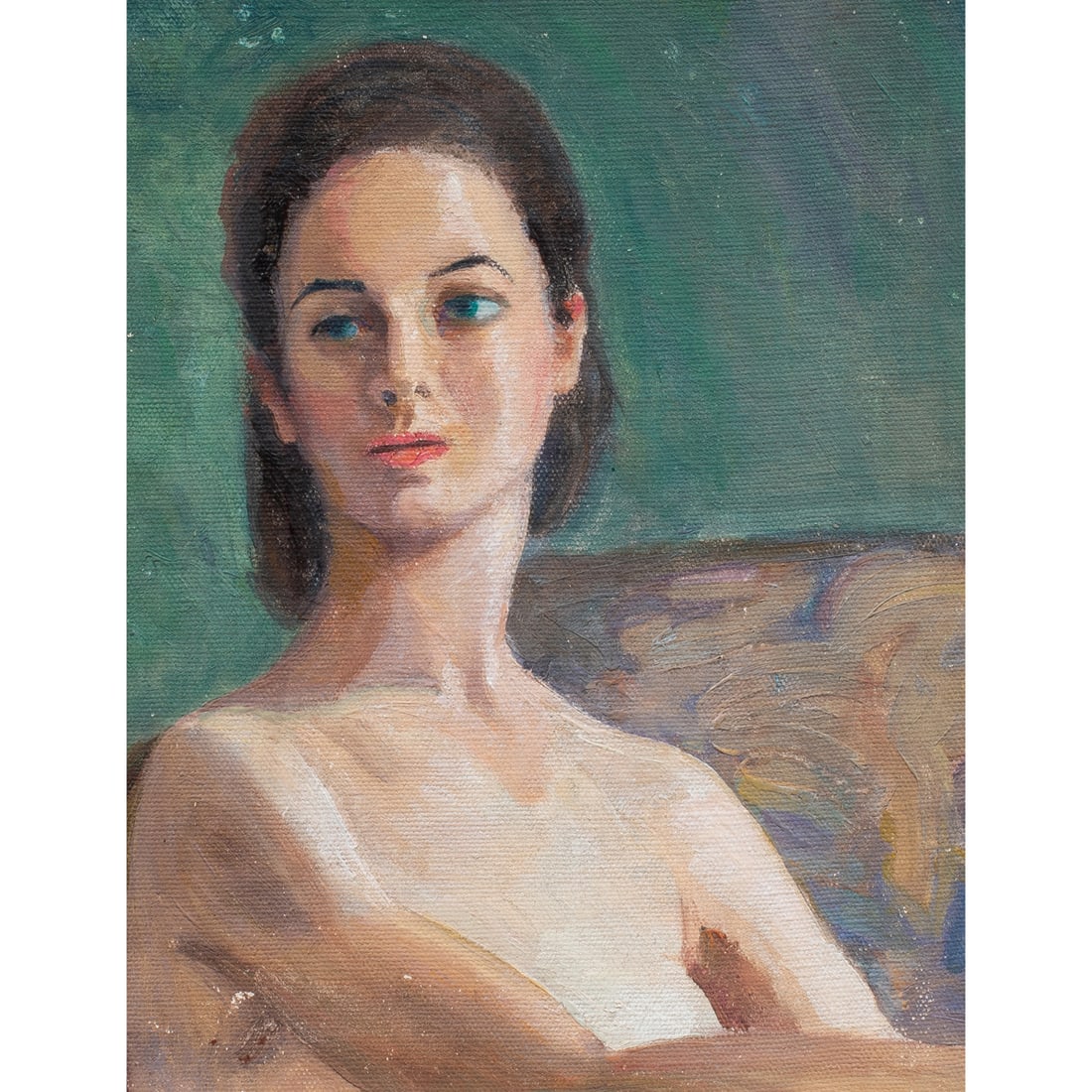 Painting, Helen Narozny: Helen Narozny (American, 1887-1971), Portrait of a Young Woman, oil on canvas affixed to board, signed verso, sight: 10"h x 7.5"w, overall (with frame): 14.5"h x 12.5"w