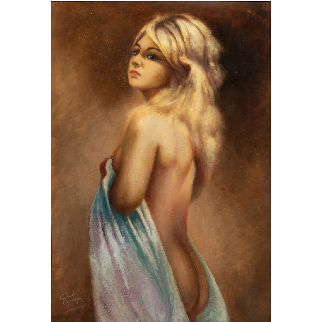 Painting, Attributed to Jean Gabriel Domergue: Attributed to Jean Gabriel Domergue (French, 1889-1962), Untitled (Nude), oil on canvas, bears signature lower left, canvas: 18"h x 27"w, overall (with frame): 36"h x 28"w. Provenance: Acquired from A