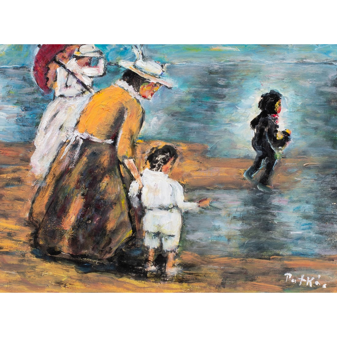 Painting, Attributed to Karoly Patko: Attributed to Karoly Patko (Hungarian, 1895-1941), Beach Scene, oil on board, bears signature lower right, sight: 11.25"h x 15.25"w, overall (with frame): 18"h x 22"w