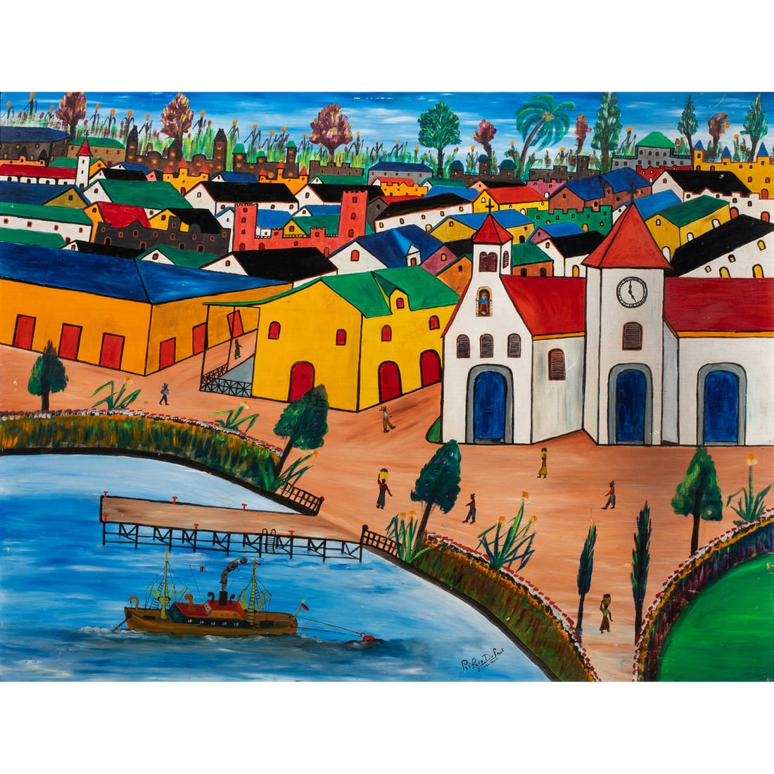 Painting, Prefete Duffaut: Prefete Duffaut (Haitian, 1923-2012), City Scene with Harbor, oil on masonite, signed lower center, board: 23"h x 30"w, overall (with frame): 31.5"h x 38"w