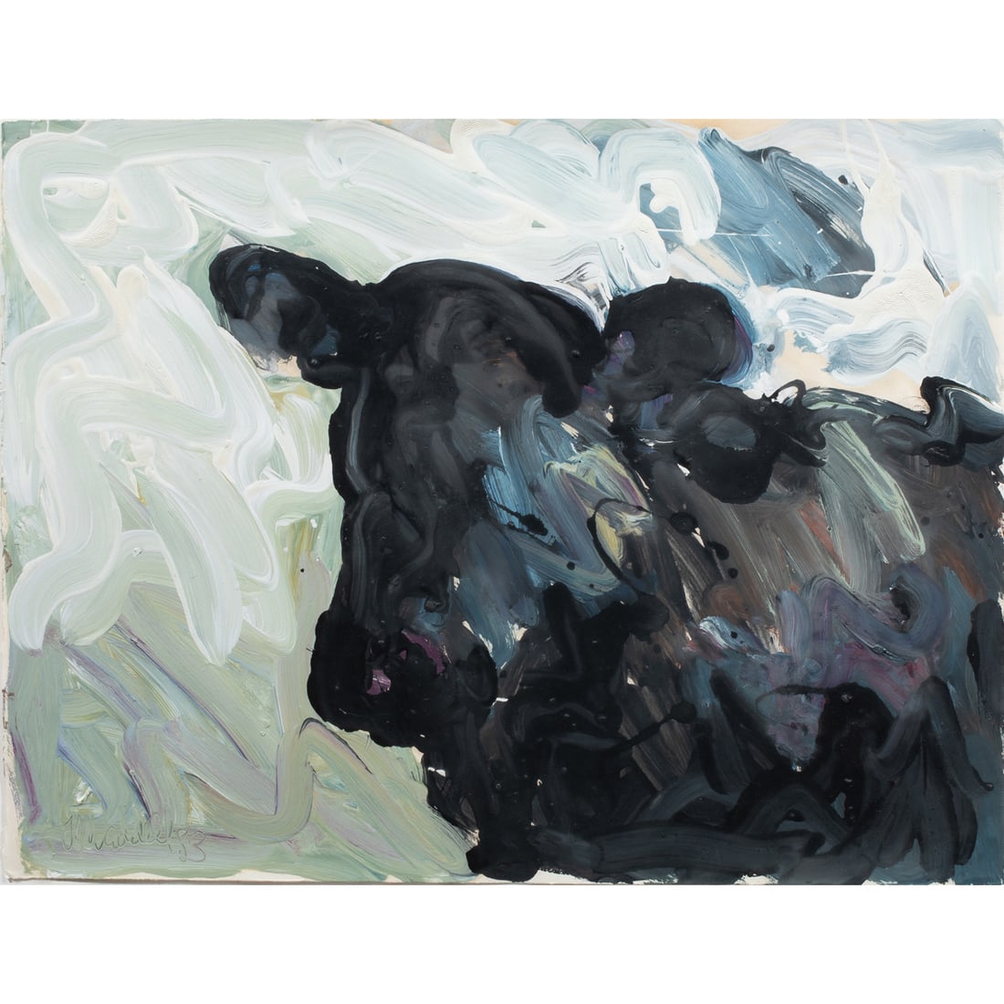 Painting, Theodore Waddell: Theodore Waddell (American, b. 1941), Untitled (Cow), 1983, oil and graphite on paper, signed and dated lower left, sheet: 19.5"h x 25.5"w, overall (with frame): 27"h x 33"w