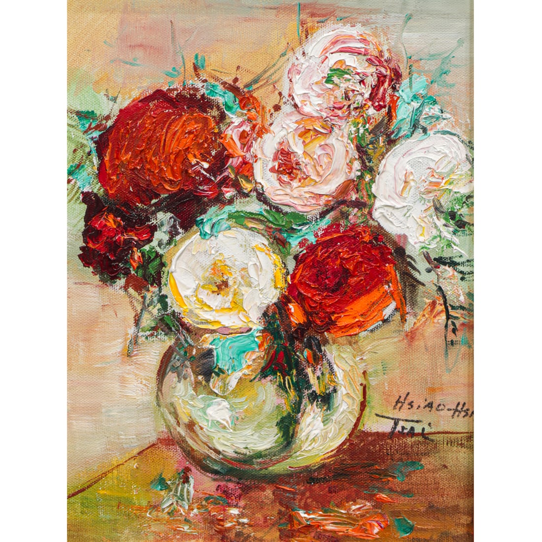 Painting, Hsiao-Hsia Tsai Hobbs: Hsiao-Hsia Tsai Hobbs (American/Chinese, 1927-2007), Still Life with Flowers, oil on canvas, signed lower right, canvas: 12"h x 9"w, overall (with frame): 15"h x 12"w