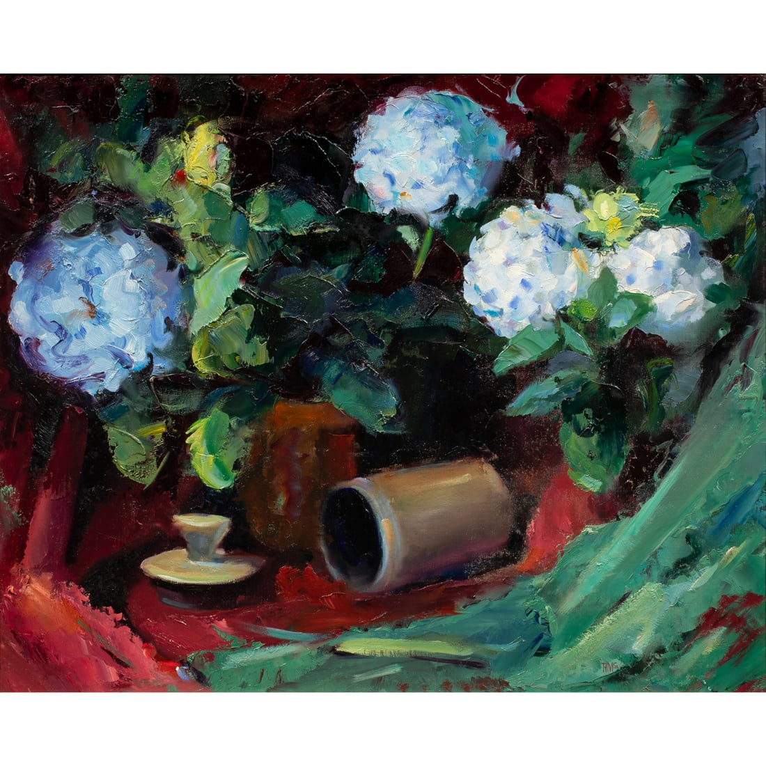 Painting, Alan McCorkle: Alan McCorkle (American, 1940-1995), Untitled (Still Life with Hydrangeas), oil on canvas board, signed verso, board: 22"h x 27"w, overall (with frame): 28.75"h x 33.75"w. Note: McCorkle was a