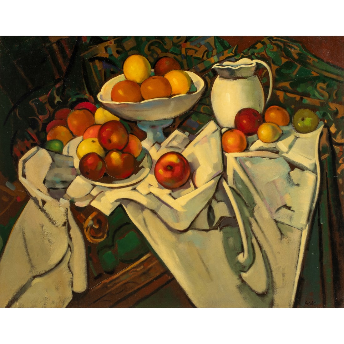 Painting, Alan McCorkle: Alan McCorkle (American, 1940-1995), Untitled (Still Life with Fruit), oil on canvas, signed verso, canvas: 24"h x 30"w, overall (with frame): 29.75"h x 35.75"w. Note: McCorkle was a prolific painter