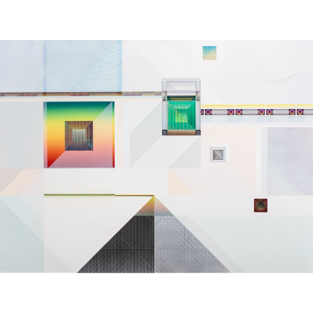 Painting, Thomas Akawie: Thomas Akawie (American, 1935-2019), "Pyramids, Prisms, and Prisons," 1977, acrylic on canvas, signed and dated verso, titled to label verso, canvas: 36"h x 48"h, overall (with frame): 37"h x 49.25"w