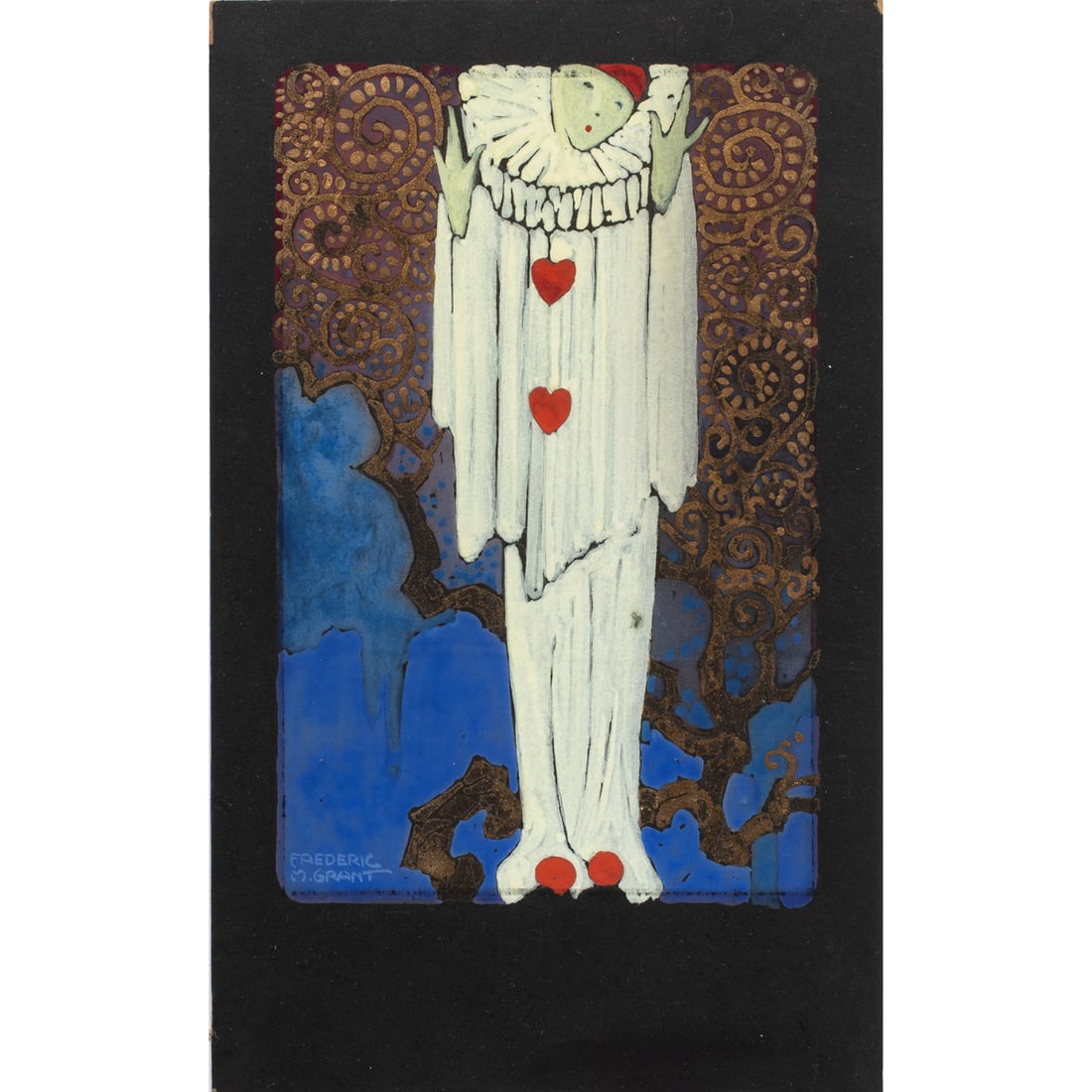 Work on paper, Frederic Milton Grant: Frederic Milton Grant (American, 1856-1929), Harlequin, mixed media on paper board, signed lower left, board: 13.5"h x 8.25"w, overall (with frame): 17.5"h x 11.5"w