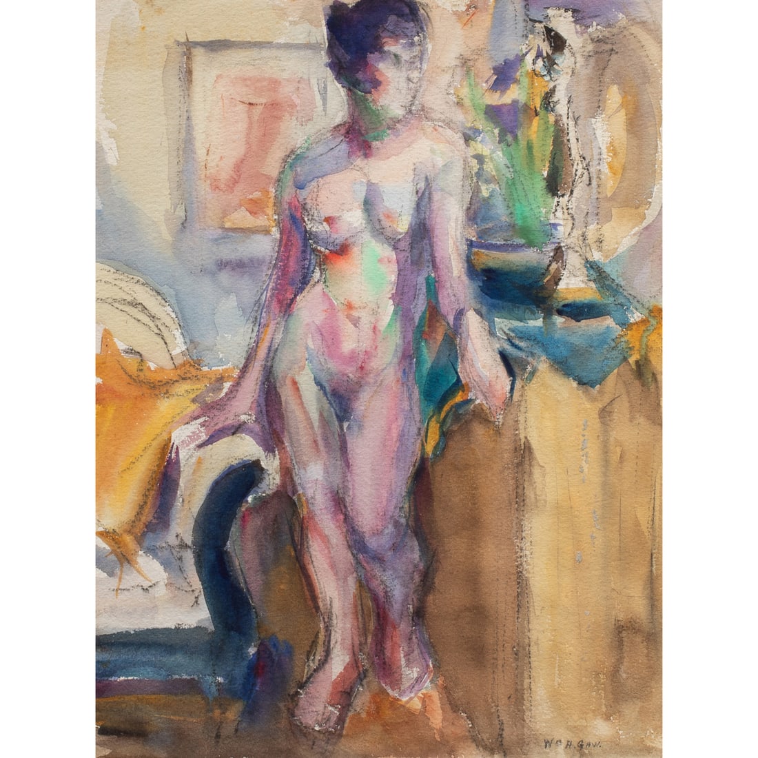 Watercolor, William Alexander Gaw: William Alexander Gaw (American, 1891-1973), Standing Nude, watercolor, signed lower right, sight: 15.5"h x 11.75"w, overall (with frame): 23.25"h x 19.5"w