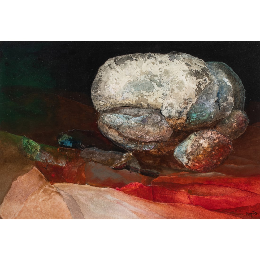 Mixed Media, Alexander Nepote: Alexander Nepote (American, 1913-1986), "Stranger on the Edge," mixed media on board, signed lower right and signed and titled verso, board: 23"h x 33"w, overall (with frame): 25.5"h x 35.5"w