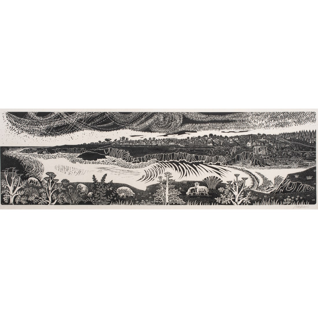 Print, Emmy Lou Packard: Emmy Lou Packard (American, 1914-1998), "View of Mendocino," woodblock, pencil signed lower right, image: 11"h x 37.5"w, overall (with frame): 17.5"h x 43.5"w