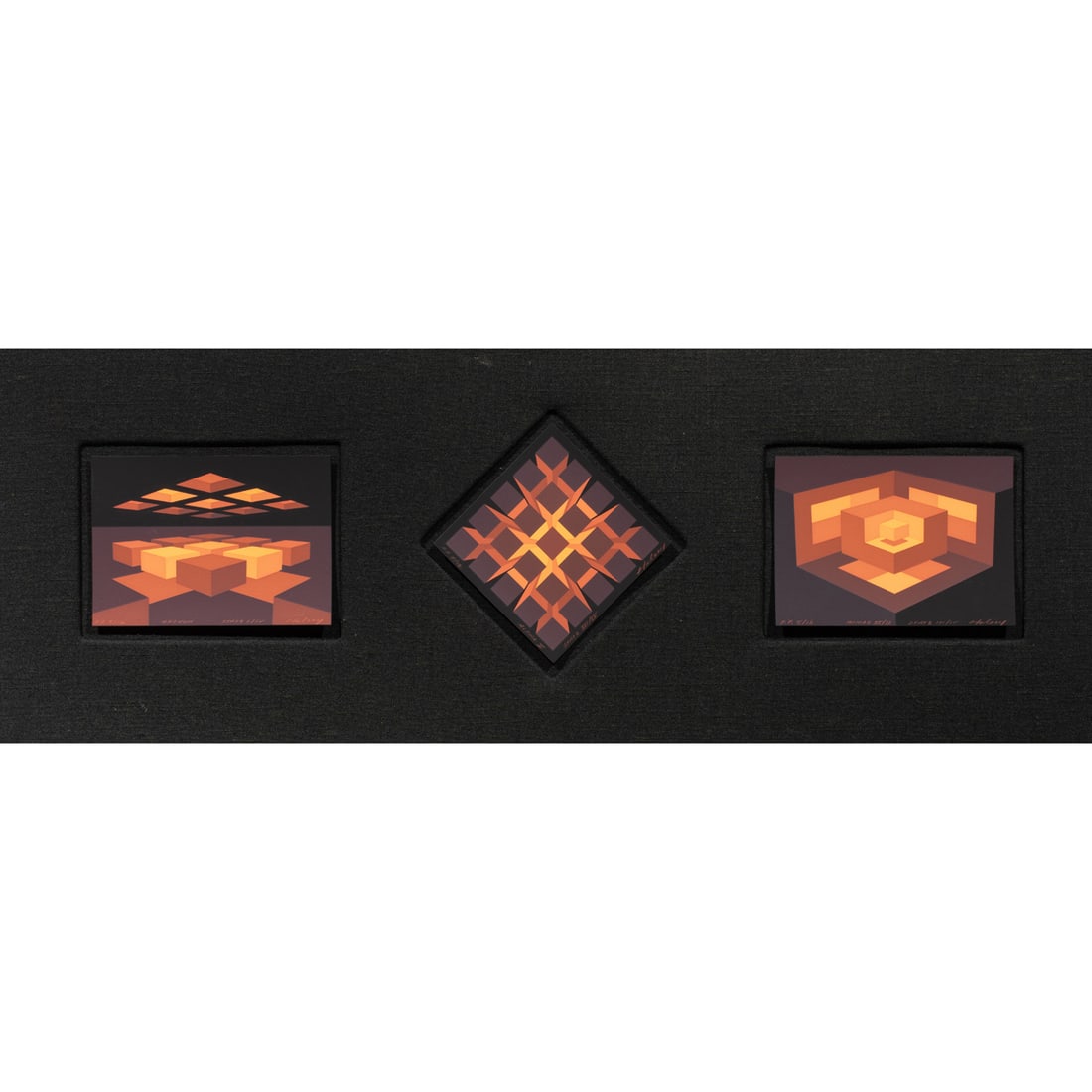 Prints, Brian Halsey: Brian Halsey (American, b. 1942), "Archon," "Alpha," and "Monad," each screenprint, each pencil signed and titled, sheet (for largest): 4.5"h x 6.5"w, overall (with frame, framed together): 12.25"h x