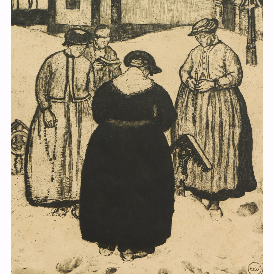 Print, Edouard Vallet: Edouard Vallet (Swiss, 1876-1929), "Autour d'Une Tombe," 1909, drypoint etching with aquatint, pencil signed lower right, titled lower left, image: 12.25"h x 11.5"w, sheet: 15.75"h x 14.75"w, overall