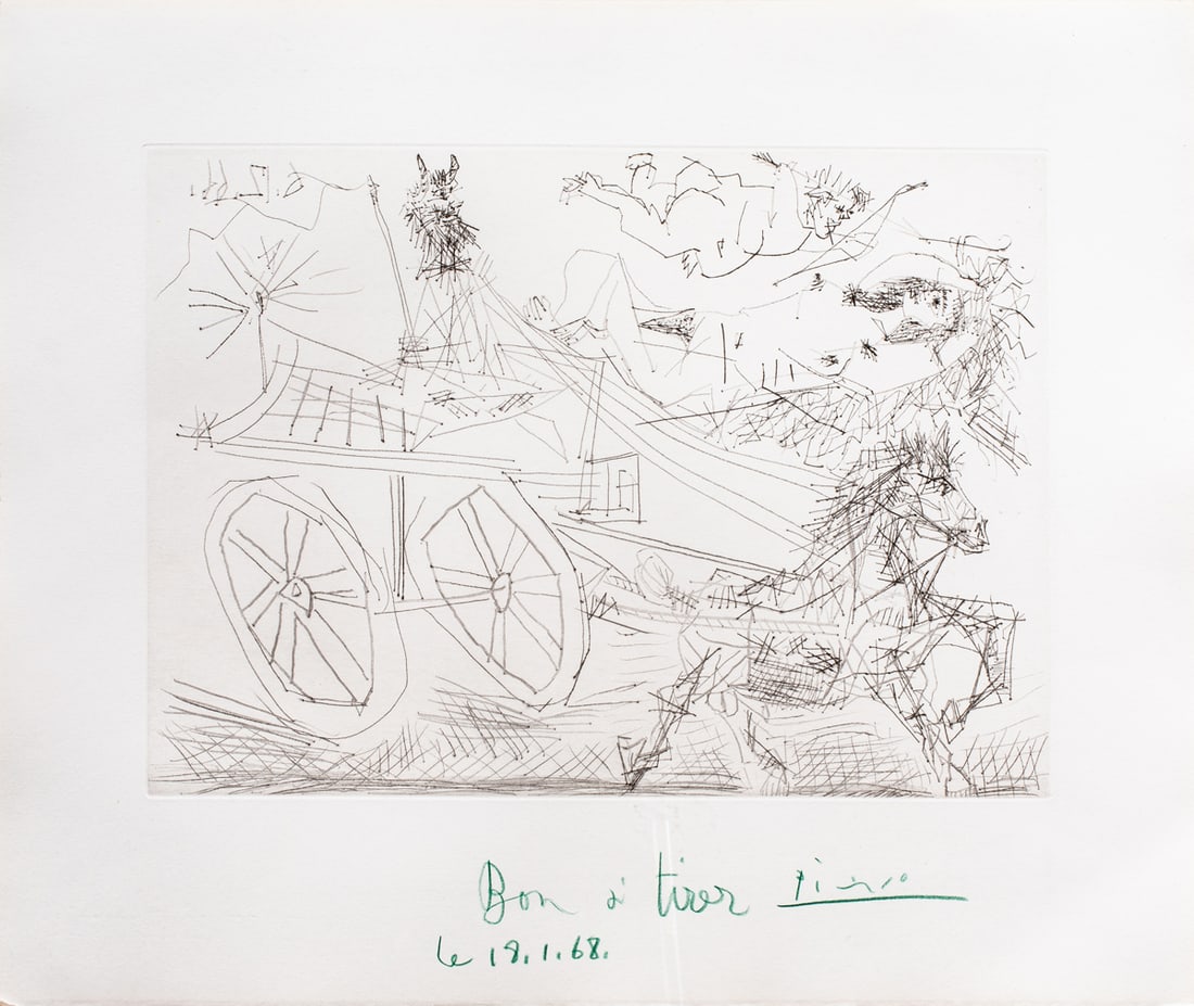 Print, Pablo Picasso: Pablo Picasso (Spanish, 1881-1973), "Charrette foraine conduite par un petit animal, avec nu et amour dans le ciel," 1968, etching, crayon signed, dated, and inscribed lower margin, image: 10.25"h x