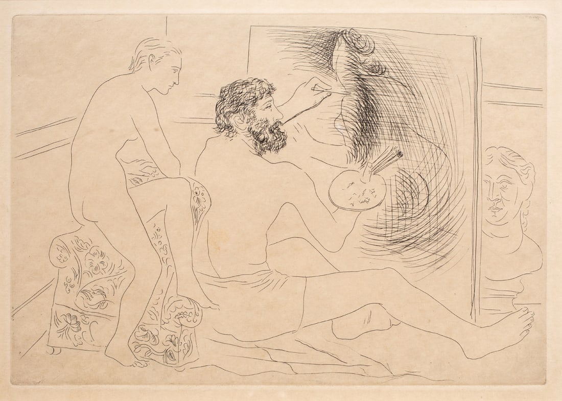 Print, Pablo Picasso: Pablo Picasso (Spanish, 1881-1973), "Peinture Travaillant," etching, image: 7.5"h x 10.5"w, overall (with frame): 23"h x 26"w