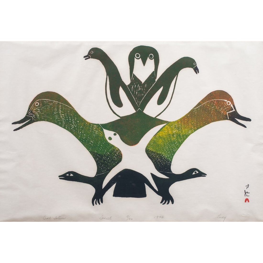 Print, Lucy Qinnuayuak: Lucy Qinnuayuak (Inuk/Canadian, 1915-1982), "Bird Totem," 1976, stonecut, pencil signed, titled, and dated lower right and left, edition 13/50, sight: 16"h x 24"w, overall (with frame): 21.5"h x