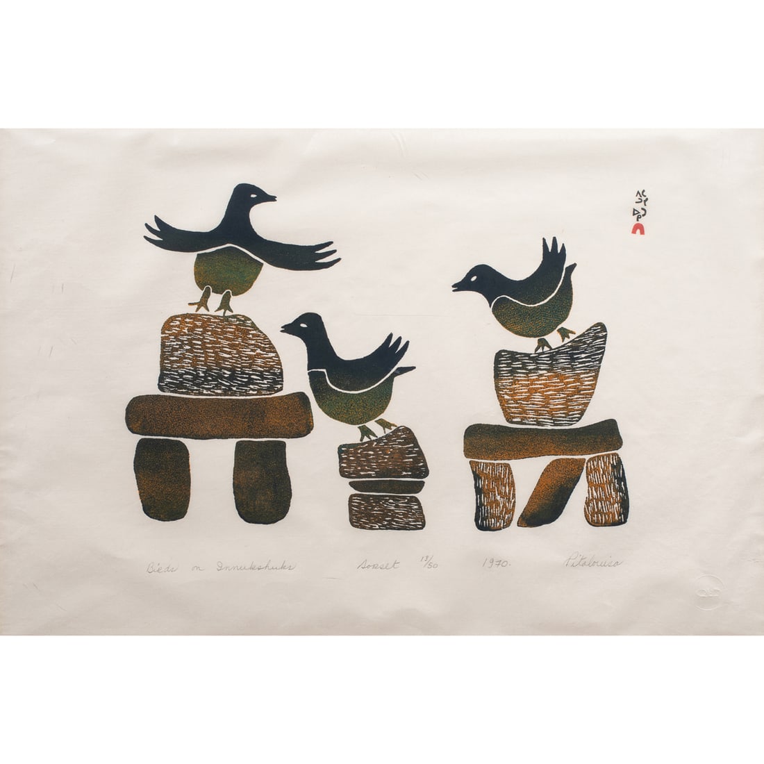 Print, Pitaloosie Saila: Pitaloosie Saila (Inuk/Canadian, 1942-2021), "Birds on Innukshuks," 1970, stonecut, pencil signed, dated, and titled lower right and left, edition 13/50, sight: 16.25"h x 24"w, overall (with frame):