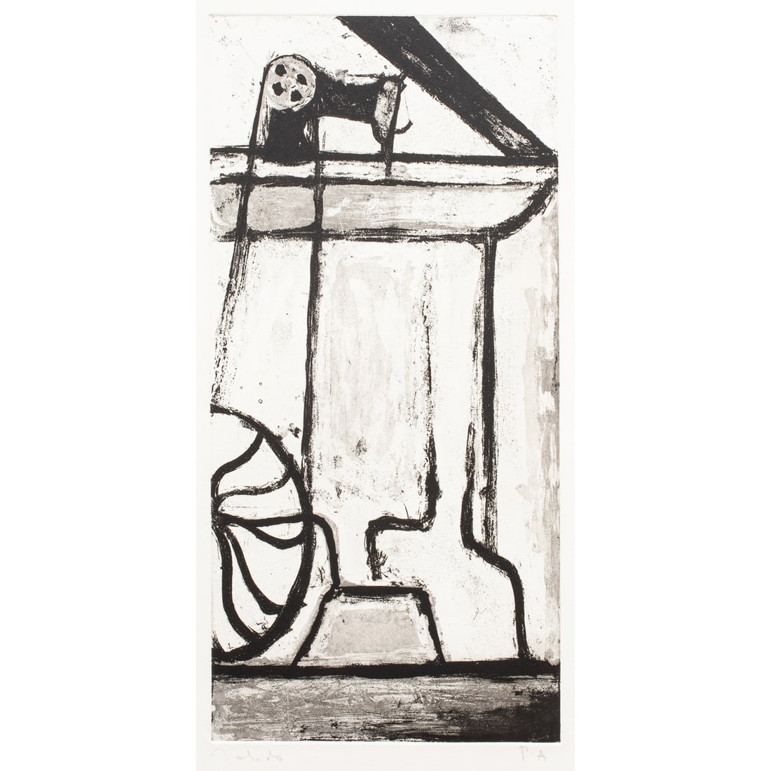 Print, Francisco Toledo: Francisco Toledo (Mexican, 1940-2019), "Maquina de Coser," sugar lift intaglio, pencil signed lower left, edition AP, image: 19.5"h x 9"w, sheet (unframed): 26.5"h x 16.75"w, overall (with mat): 27"h
