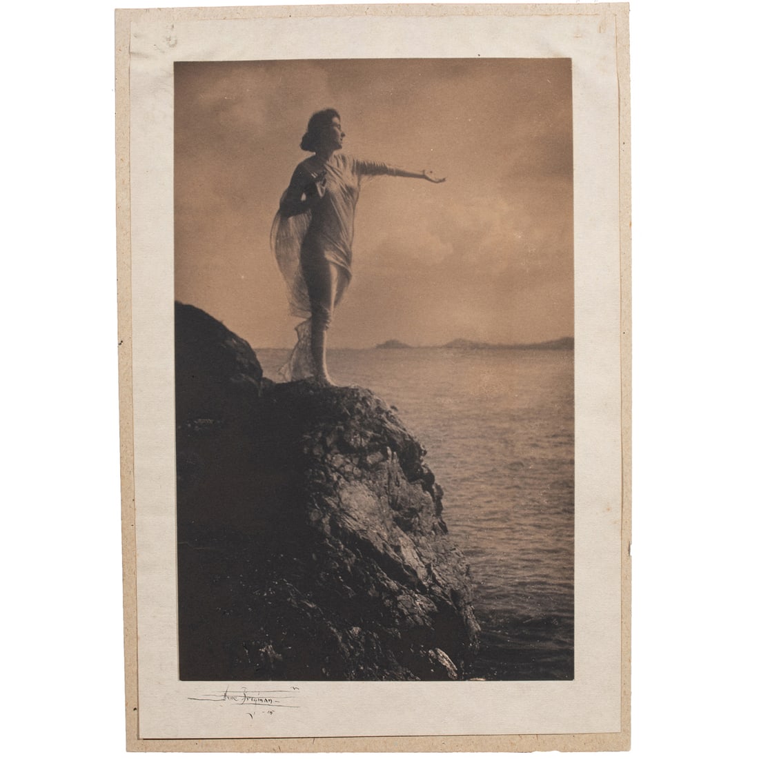 Photograph, Anne W. Brigman: Anne W. Brigman (American, 1869-1950), Untitled (Possibly Isadora Duncan), 1915, platinum print, signed and dated lower left, sheet: 9.25"h x 6"w, overall (with back mat): 11.5"h x 7.75"w. Provenance: