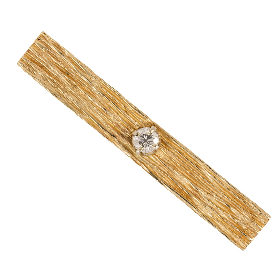 A diamond and 14k gold tie clip: A diamond and 14k gold tie clipof bark texture centering an European-cut diamond weighing approximately 0.25 carat; 8.80 grams; length: 2 in