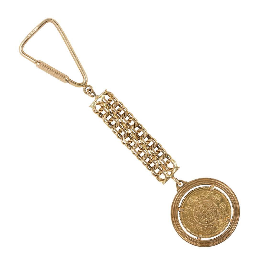 A 22k gold Saudi Arabian Guinea coin and 18k gold key ring: A 22k gold Saudi Arabian Guinea coin and 18k gold key ringCentering a 22k Saudi Arabian Guinea coin set within 18k gold frame, on 18k gold keychain; length: 4 3/4 in; 21.90 grams