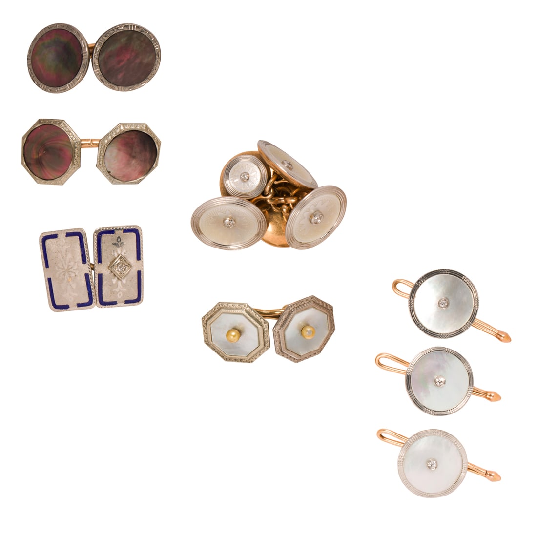 A group of mother-of-pearl, diamond, and 14k bi-color gold gents accessories (1 of 1)