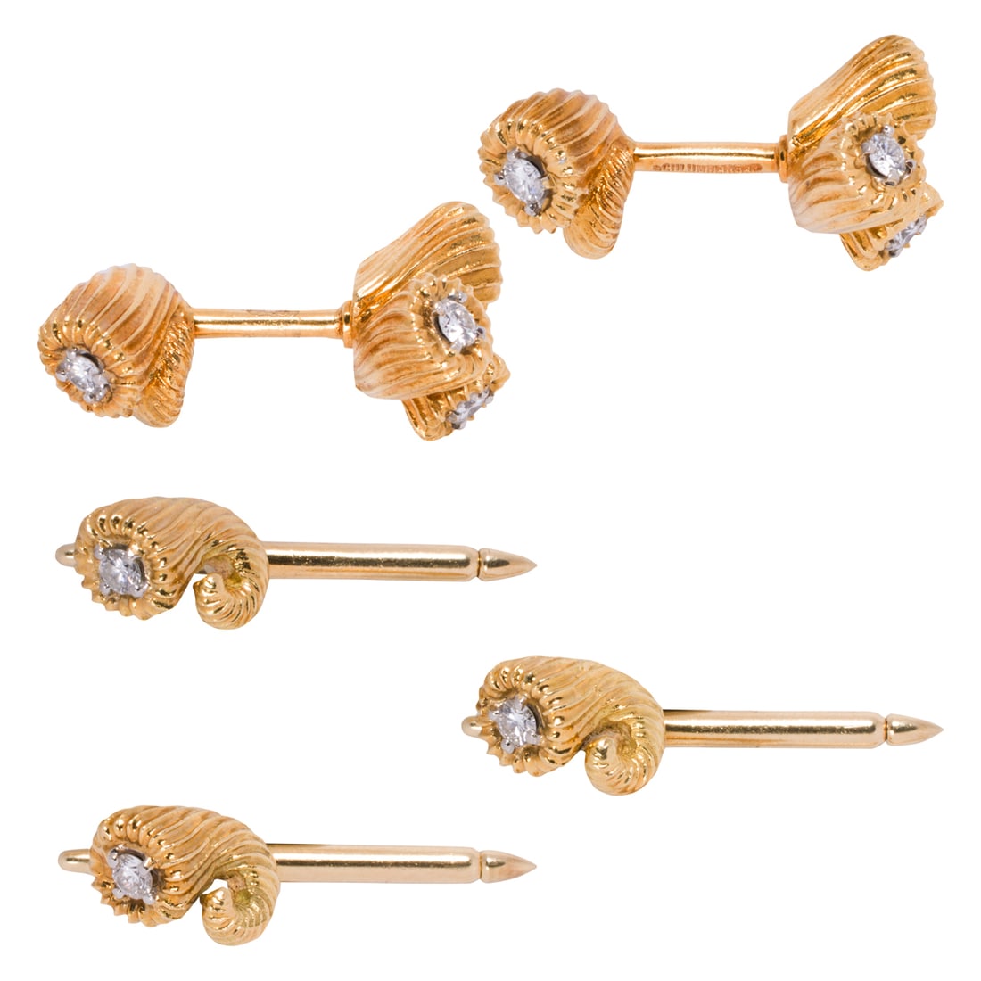 A Schlumberger for Tiffany & Co. 'Cornucopia' diamond and 18k gold dress set: A Schlumberger for Tiffany & Co. 'Cornucopia' diamond and 18k gold dress setComprising a pair of cufflinks and three shirt studs, each set with round brilliant-cut diamonds; estimated total diamond we