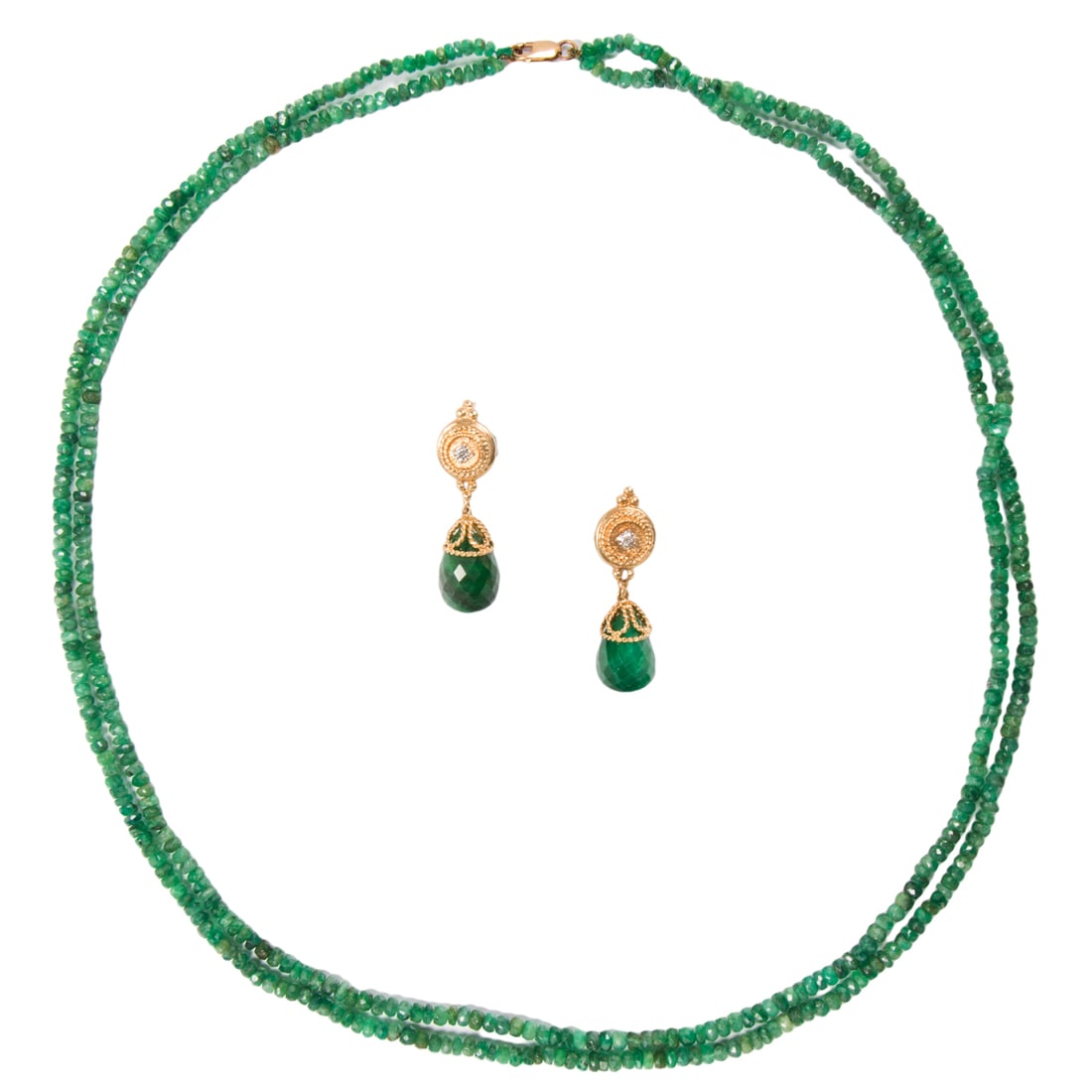 An emerald and 14k gold beaded necklace and pair of earrings (1 of 2)