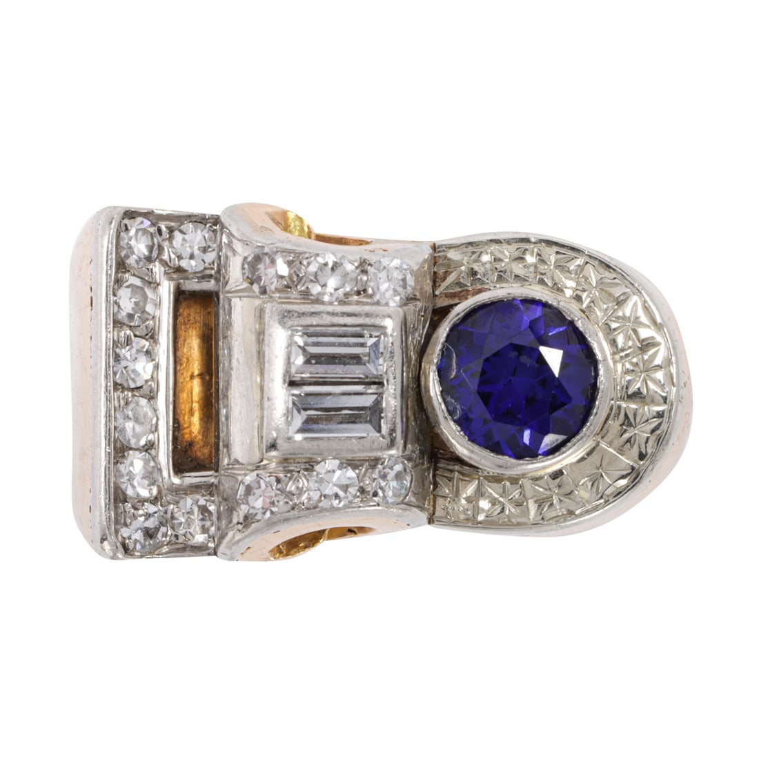 A Retro synthetic sapphire, diamond, and 14k rose gold ring: A Retro synthetic sapphire, diamond, and 14k rose gold ringOf asymmetrical design, set with one round-cut synthetic sapphire and 16 single and baguette-cut diamonds; size 3 1/2; 9.20 grams