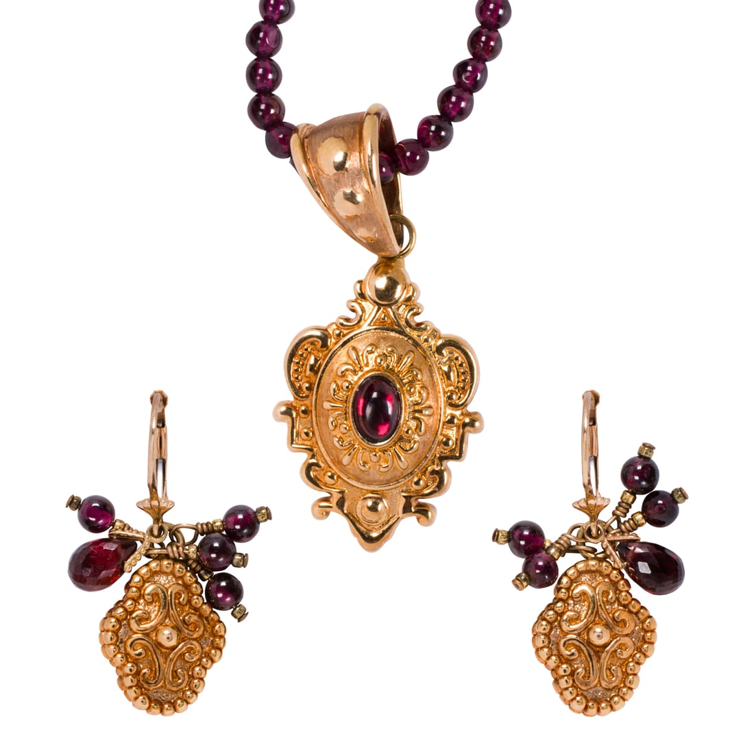 A set of garnet and 14k gold necklace and earrings (1 of 2)