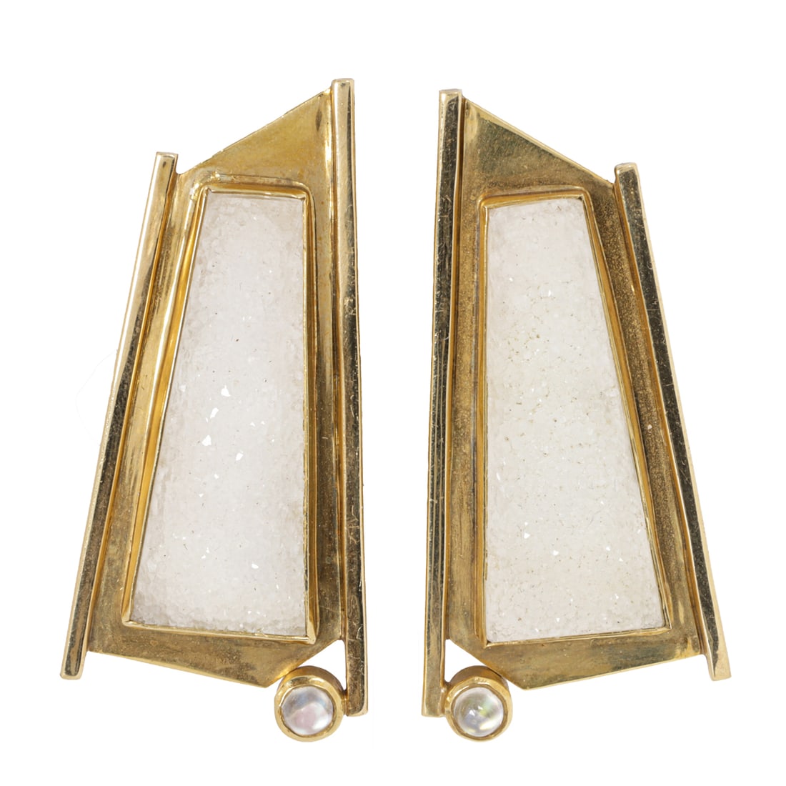 A pair of Mike Sherman druzy quartz, moonstone and 18k gold earrings: A pair of Mike Sherman druzy quartz, moonstone and 18k gold earringsOf abstract geometric design, each featuring a druzy quartz measuring approximately: 36.70 x 15.55 mm, accented by a round-shaped mo