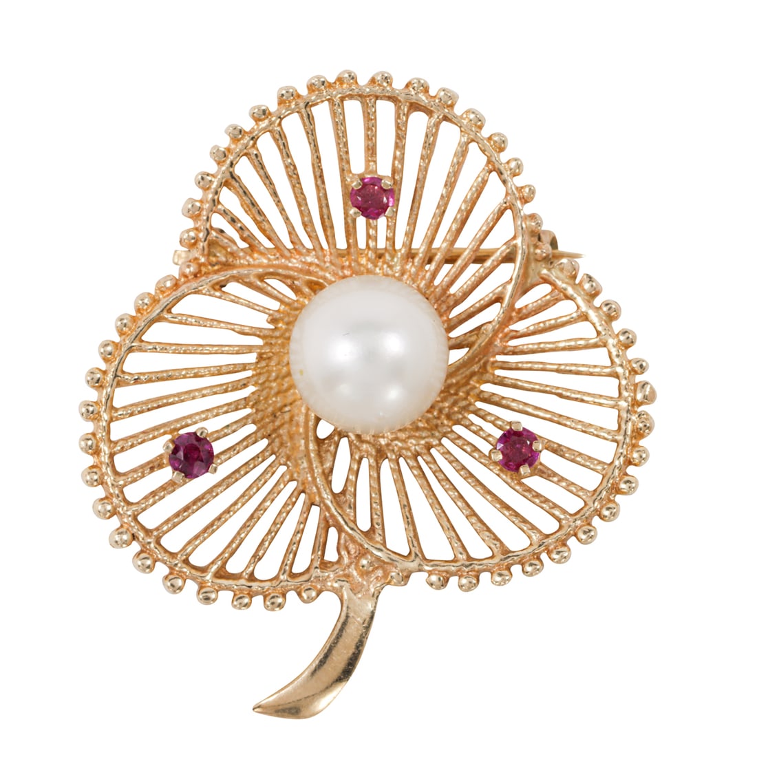 A cultured pearl, ruby, and 14k gold brooch (1 of 1)