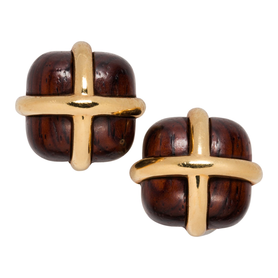 A pair of Seaman Schepps rosewood and 18k gold ear-clips: A pair of Seaman Schepps rosewood and 18k gold ear-clipsNo.: 18474Designed as square-shaped rosewood cabochons measuring approximately 20.02 x 19.98 x 8.43 mm, accented by 18k gold bands; length: 7/8