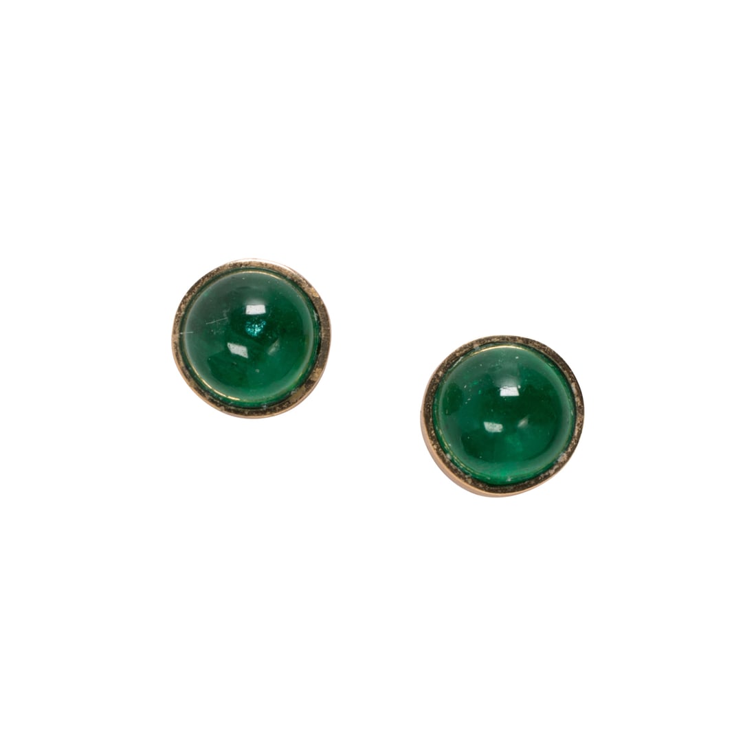 A pair of emerald and 14k gold stud earrings: A pair of emerald and 14k gold stud earringseach bezel-set with a round emerald cabochon measuring approximately 6.14mm in diameter; 2.39 grams