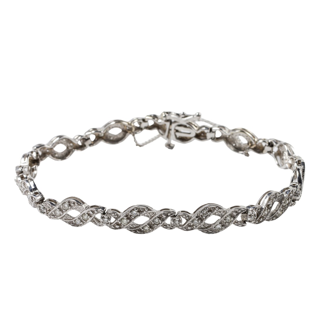 A diamond and 14k white gold bracelet: A diamond and 14k white gold braceletOf open form design, set with 61 round brilliant-cut diamonds weighing a total of approximately 1.20 carats; length: 7 1/2 in; 11.20 grams