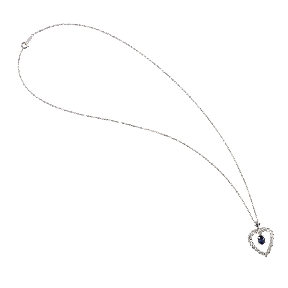 A sapphire, diamond, and 14k white gold pendant necklace: A sapphire, diamond, and 14k white gold pendant necklaceFeaturing an oval-cut sapphire weighing approximately 0.70 carat, framed within a heart shaped frame set with 21 single-cut diamonds; pendant le