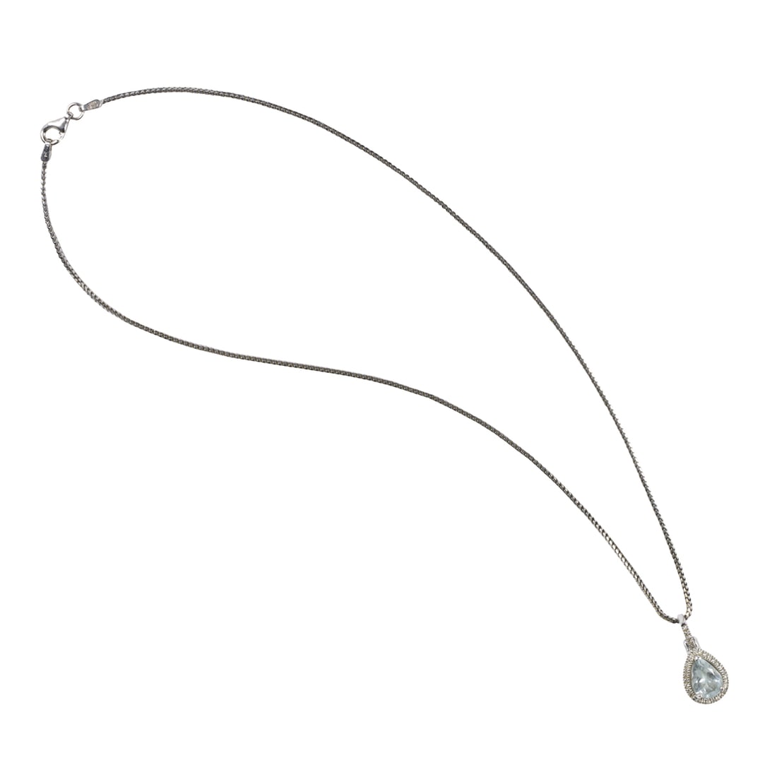 An aquamarine, diamond, and 14k white gold pendant necklace: An aquamarine, diamond, and 14k white gold pendant necklace Featuring a pear-cut aquamarine weighing approximately 1.70 carats, framed by round-cut diamonds with round-cut diamond bail; pendant length
