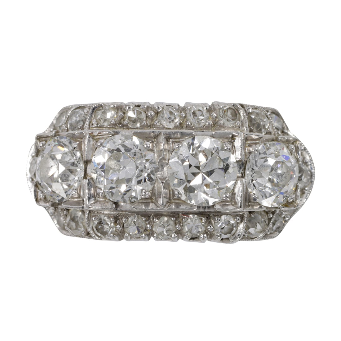 A Granat Brothers diamond and platinum ring: A Granat Brothers diamond and platinum ringCirca 1950's, centering four transitional-cut diamonds weighing approximately 0.45 carat each, framed within 28 single and old mine-cut diamonds; estimated t