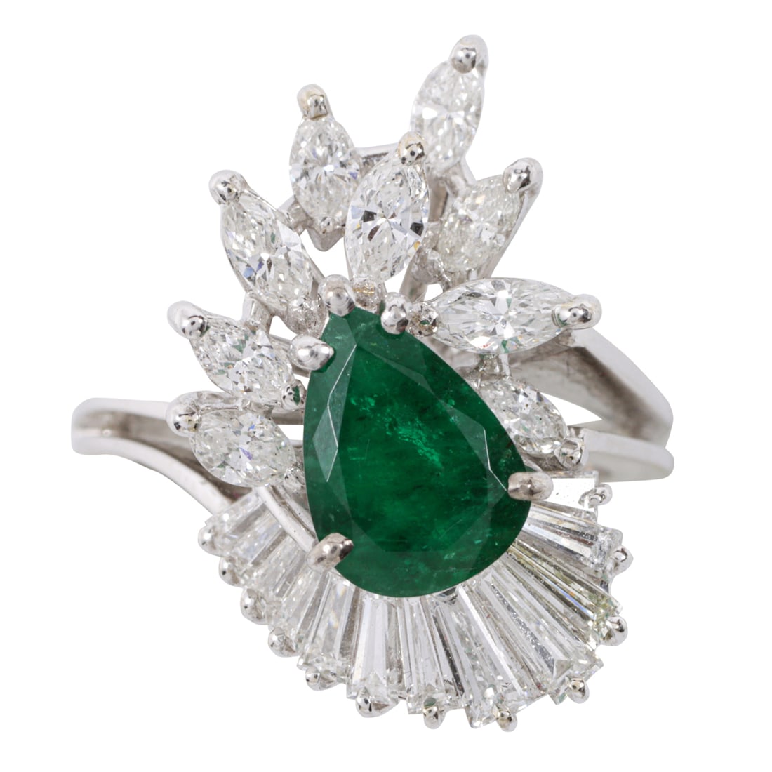 An emerald, diamond, and 18k white gold ring: An emerald, diamond, and 18k white gold ringCentering a pear-cut emerald weighing approximately 1.20 carats, accented by marquise and tapered baguette-cut diamonds; estimated total diamond weight: 1.5