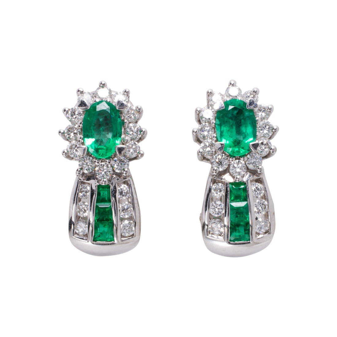 A pair of emerald, diamond, and 14k white gold earrings: A pair of emerald, diamond, and 14k white gold earringsFeaturing an oval-cut emerald weighing approximately 0.40 carat, framed by 12 round brilliant-cut diamonds, with square-cut emerald and round bri