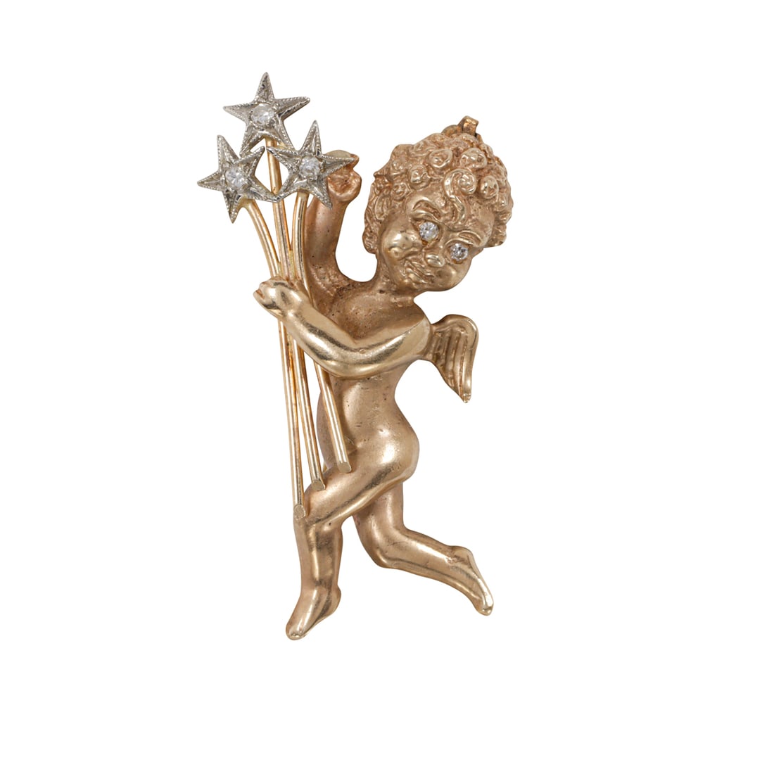 A cultured pearl, diamond, and 14k bi-color gold cherub brooch: A cultured pearl, diamond, and 14k bi-color gold cherub broochDesigned as a cherub standing on a baroque cultured pearl cloud, measuring 19.87 mm, accented by single-cut diamonds; length: 1 3/4 in; 8.
