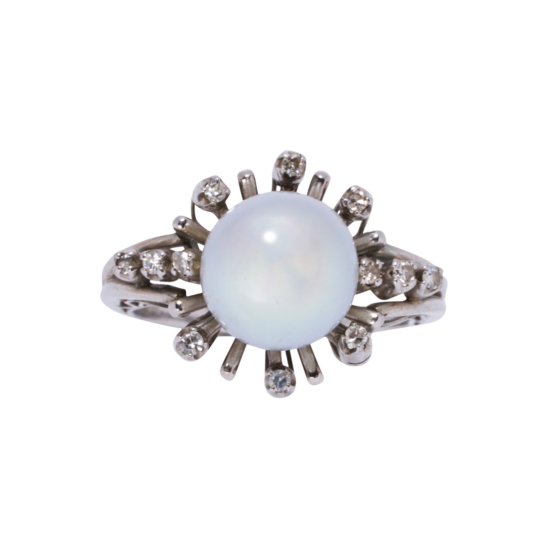 A cultured pearl, white sapphire, and 14k white gold ring: A cultured pearl, white sapphire, and 14k white gold ringCentering a cultured pearl measuring 9.23 mm, framed within a basket of 12 round-cut white sapphires; size 7; 4.35 grams