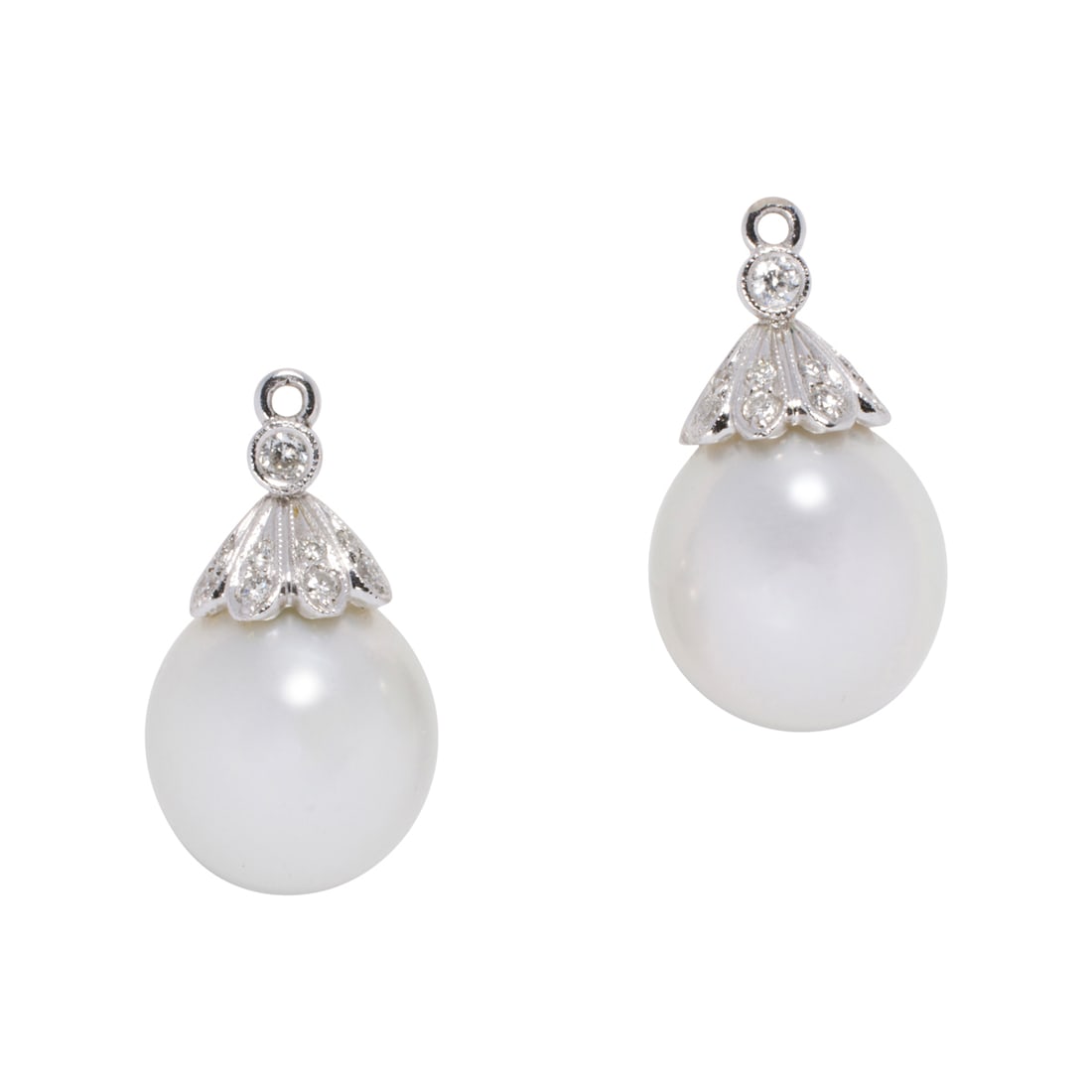 A pair of cultured pearl, diamond, and 10k white gold earring enhancers (1 of 1)
