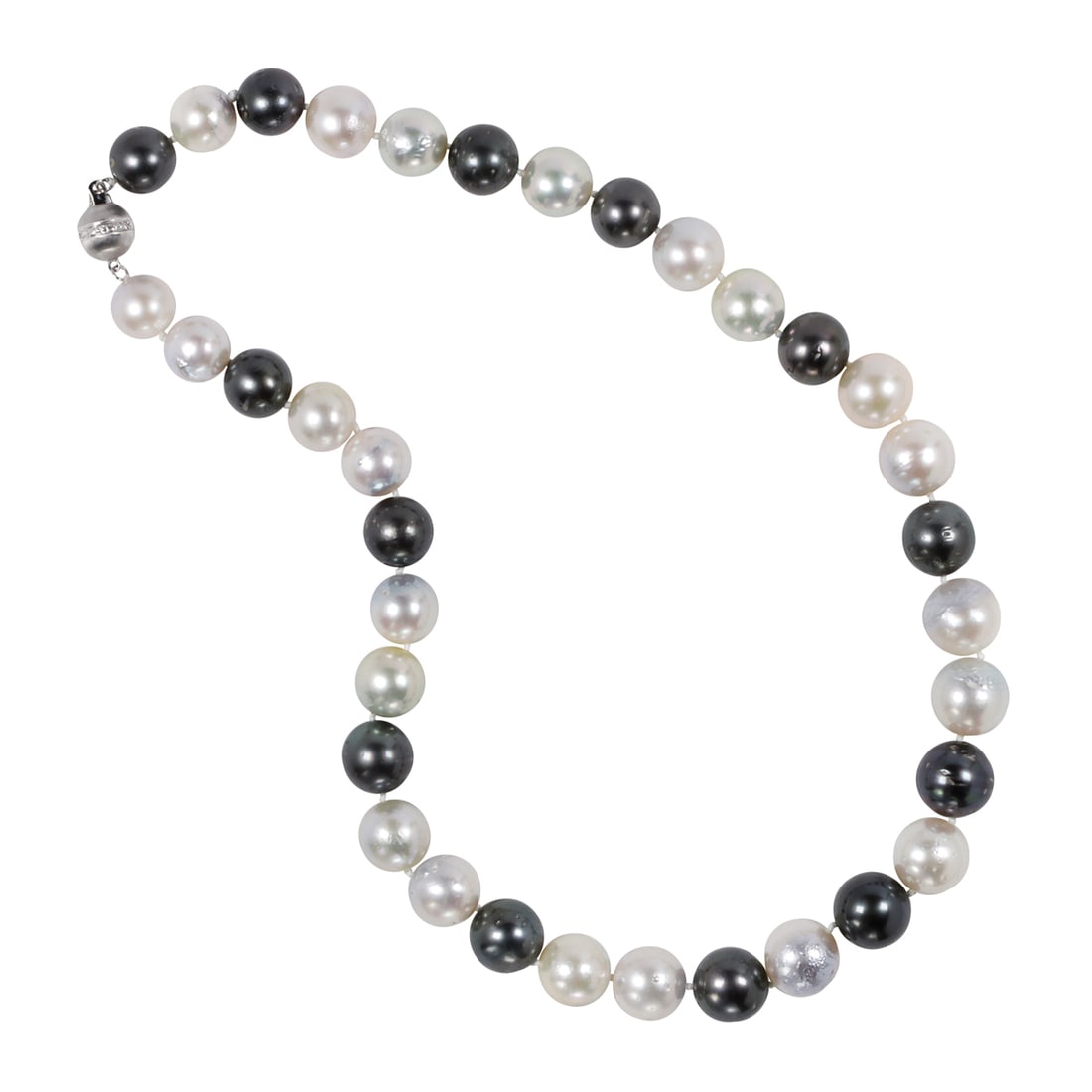 A multi-color cultured pearl and 14k gold necklace: A multi-color cultured pearl and 14k gold necklacethe single strand of 35 black, white and grey cultured pearls, measuring from approximately 10.52 to 21.50 mm; 80.00 grams; length: 18 in (pearls not